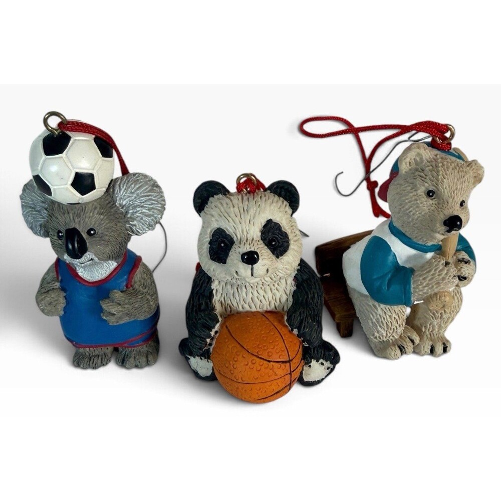 Lot of 3 Christmas Ornaments: Koala and Panda w sports ball Bear w Baseball Bat